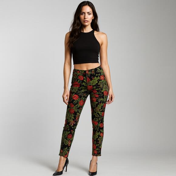 Farm Rio Floral Velvet Pants Black Red Green Pattern Size P - Picture 1 of 5